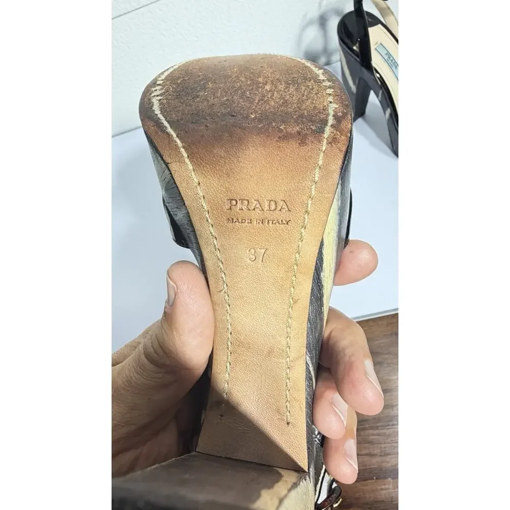 Prada Platform Heels Black Patent Wood Grain Ankle Strap Sz 37 - Picture 11 of 14